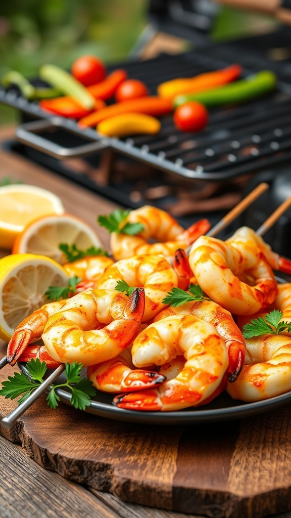 Grilled shrimp skewers on a plate with lemon wedges and parsley, ready to be served.
